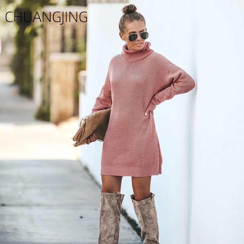 Casual Solid Turtleneck Knitted Sweater Women Autumn Winter Long Sleeve Long Loose Sweater Female New Fashion Elegant Sweater