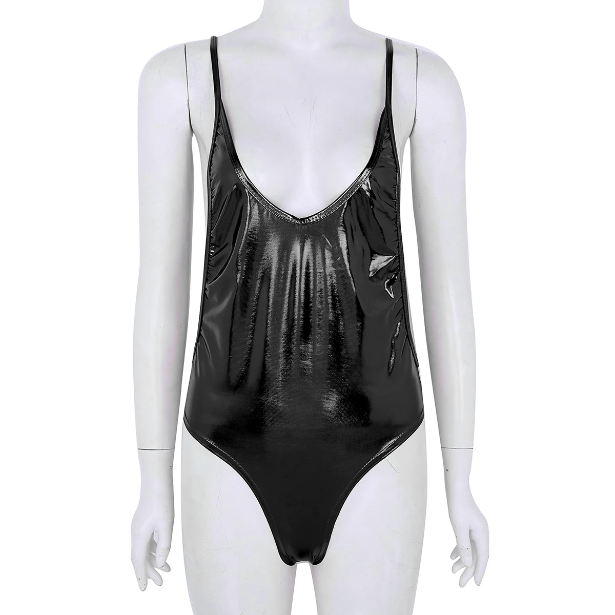 black bodysuit TiaoBug Women Shiny Metallic Bodysuit Sleeveless Patent Leather High Cut Leotard Jumpsuit Swimsuit Sexy Female Club Party Tops black bodysuit