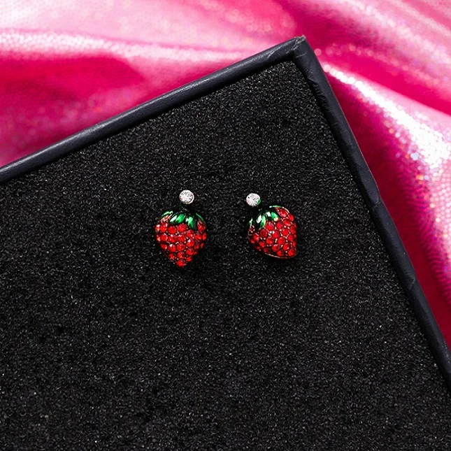 Милые корейские красные стразы серьги-гвоздики в форме фруктов для женщин клубника вишня цветок Грибная серьга модное ювелирное изделие подарок MJ1432 - Окраска металла: Strawberry