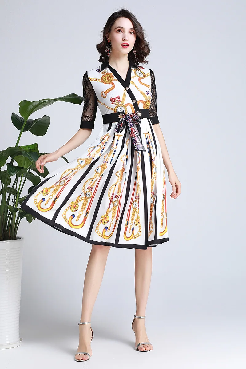 

Chic women's elegant dress 2019 summer runways V neck belt pleated dress A339