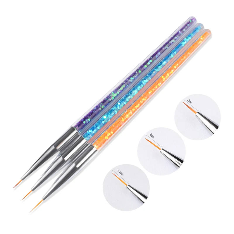 

7/9/11mm 3pcs Nail Art Brush Dotting Painting Flower Drawing UV Gel Line Pen Crystal Sequin Metal Acrylic Design Tool Manicure