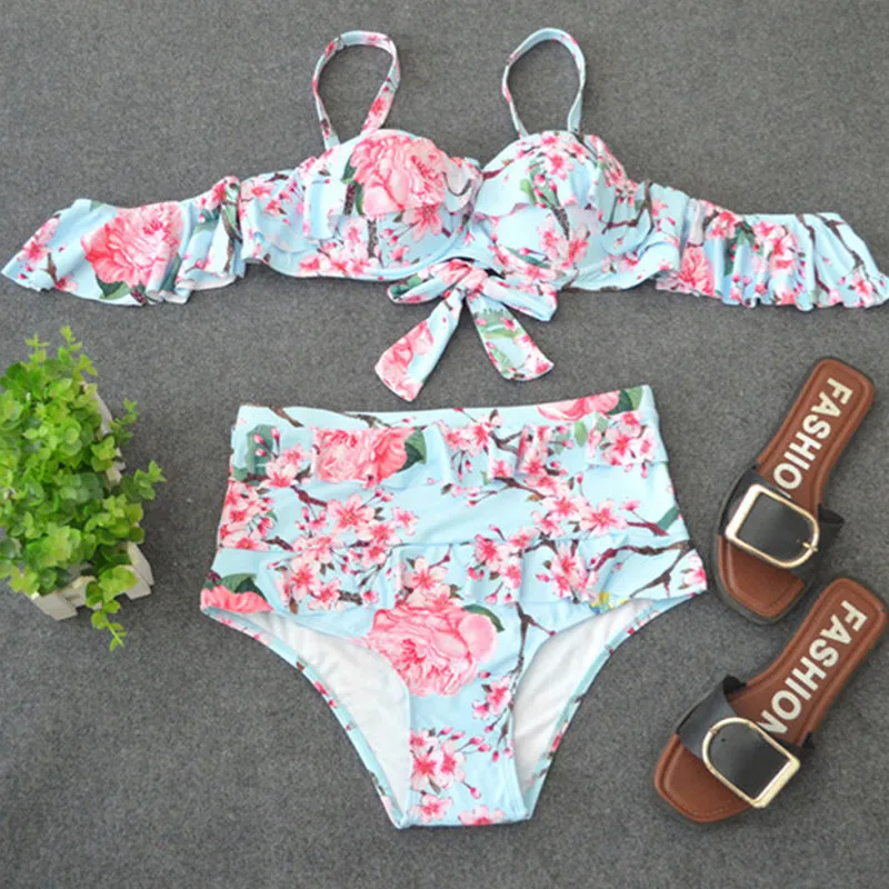 New Vitange Women Bikinis Set High Waist Maillot De Bain Femme 2018 Strap Backless Print Floral Push Up Bathing Swim Suit XL |
