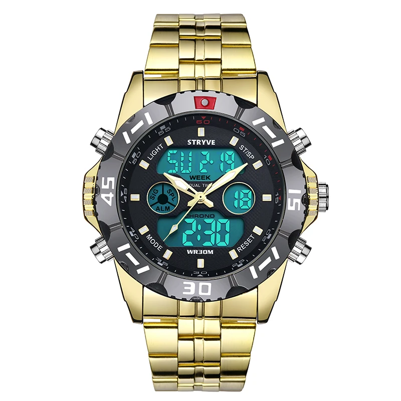 Бренд Stryve, роскошные Брендовые мужские спортивные часы, водонепроницаемый светодиодный, кварцевые, двойной дисплей, военные мужские цифровые часы из нержавеющей стали