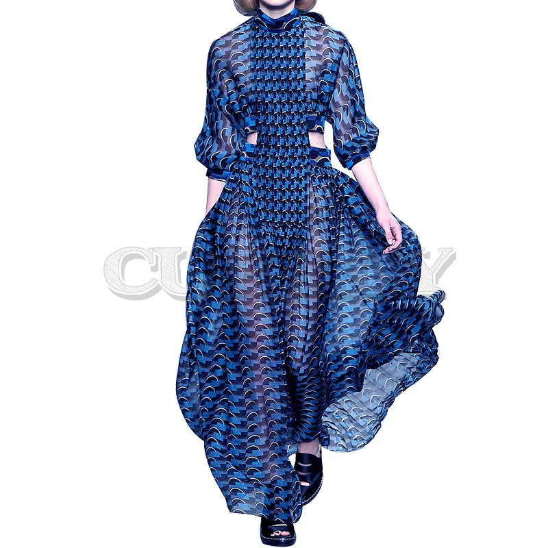 

CUERLY New 2019 Designer Runway Dress Women's 3/4 Sleeve Geometric Printed Waist Hollow Out Holiday Casual Long Dresses