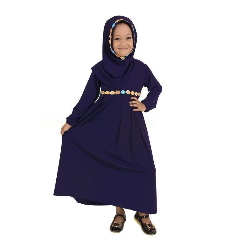 Kids Abaya Girls Dress Muslim Abaya Kaftan Dubai Green Long Sleeve Dress Hijab Robe Arabe Islamic Clothing 1-5 Years Girls Robes - Цвет: Синий