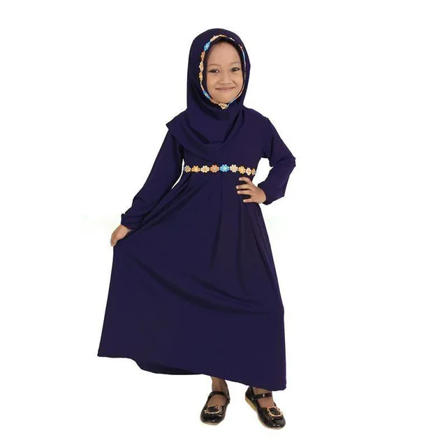 Muslim Girls Kids Long Sleeve Abaya Dress Islamic Hijab Kaftan Maxi Robe 4Color 