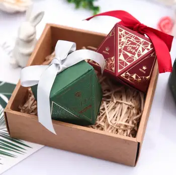 

100pcs Burgundy / Green Diamond Shape Sweet Time Wedding Favors Candy Box Chocolate Boxes Party Supplies Gift Box With Ribbons