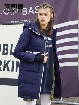 

BOSIDENG winter down jacket for women down coat long parka thicken outwear strip earphone hole mid-long sports coat B70142518