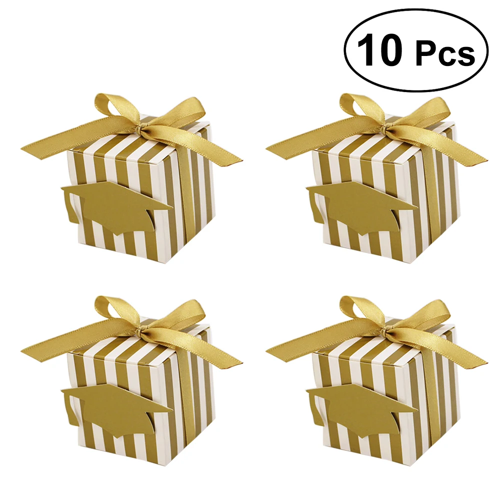 

10PCS Stripes Paper Graduation Candy Treat Boxes Gift Boxes With Doctoral Cap Card Tag For Graduation Party Supplier