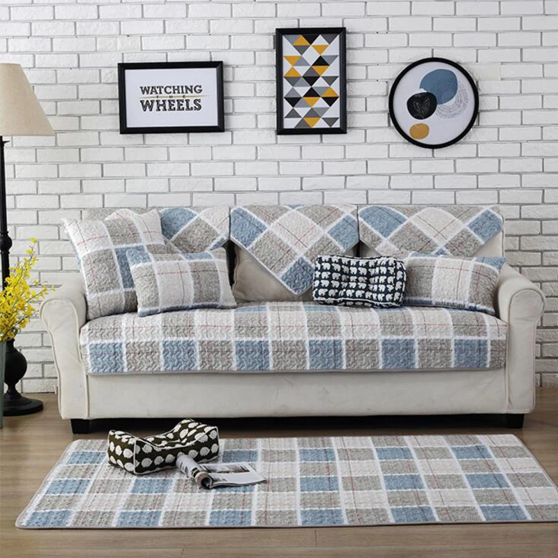 

New Spring Thick Cotton Sofa Cover Wave Printed Plain Dyed Sofa Towel Handmade Patchwork Quilting Slip-resistant Seat Mat
