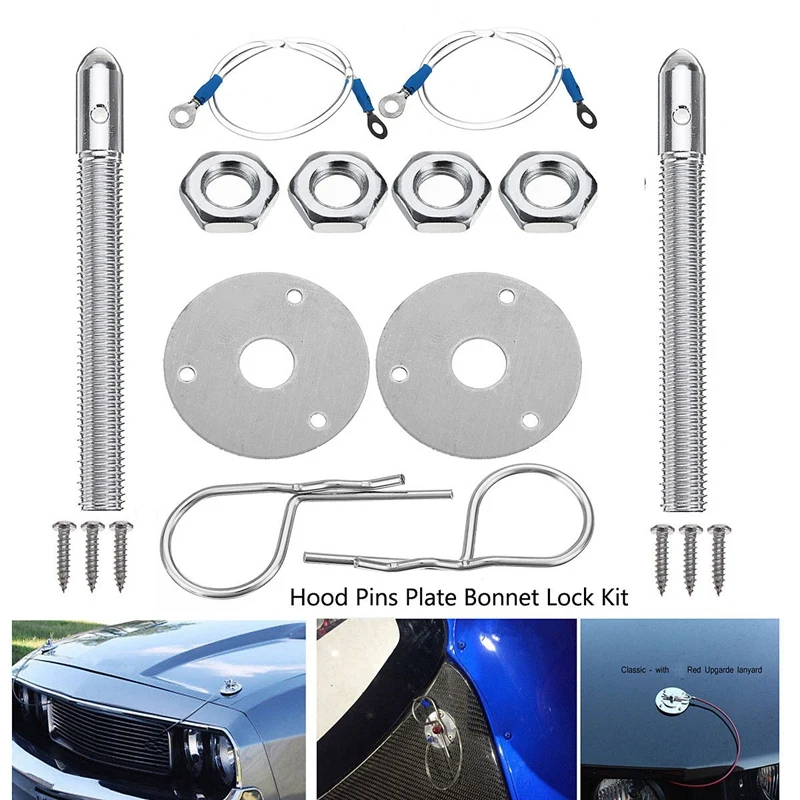 Universal Mount Bonnet Hood Pin Lock Latch Kit Racing Sport Car Alloy Silver