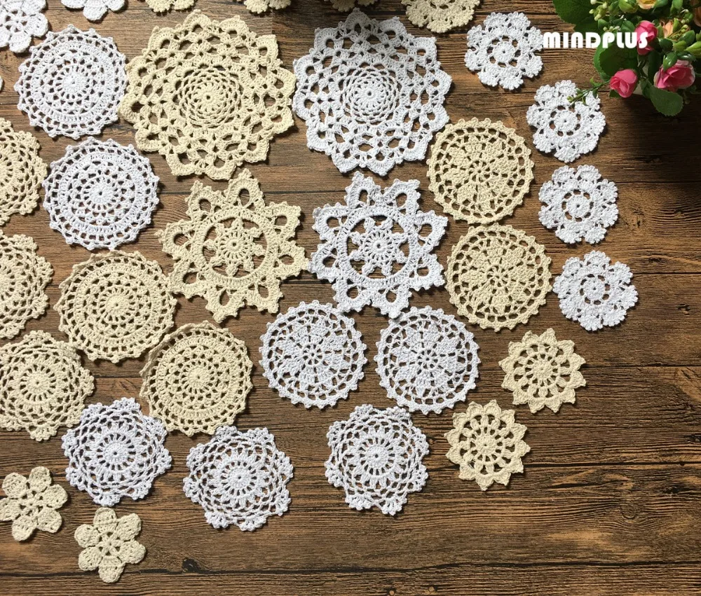 Новинка, 36 шт., хлопок, ручная работа, вязанные крючком чашки, коврик, подстаканник, винтажные вязаные мотивы, "~ 7" дюймов, Круглые, белые, бежевые