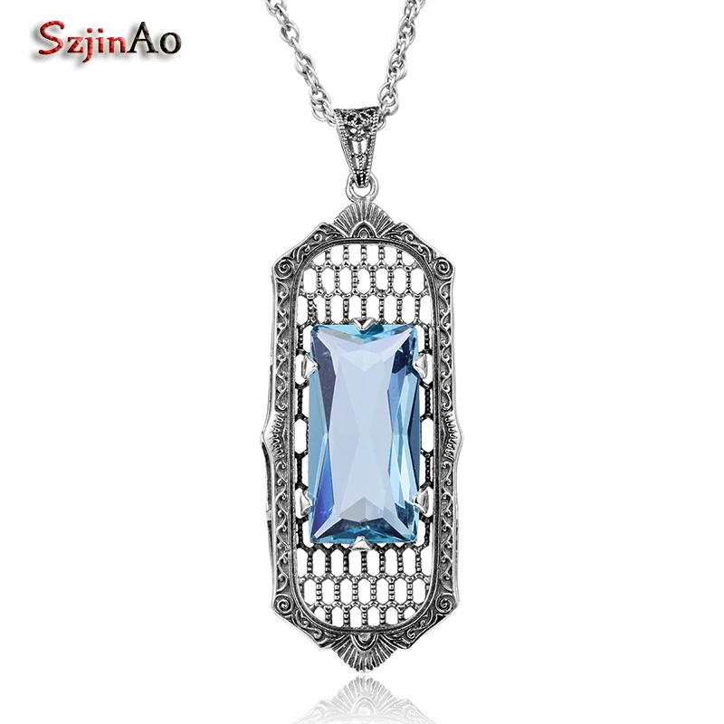 

Szjinao Hot Sale Long Pendant For Women Aquamarine Cut 100% 925 Sterling Silver Jewelry Vintage Fashion Attractive Spring Gift