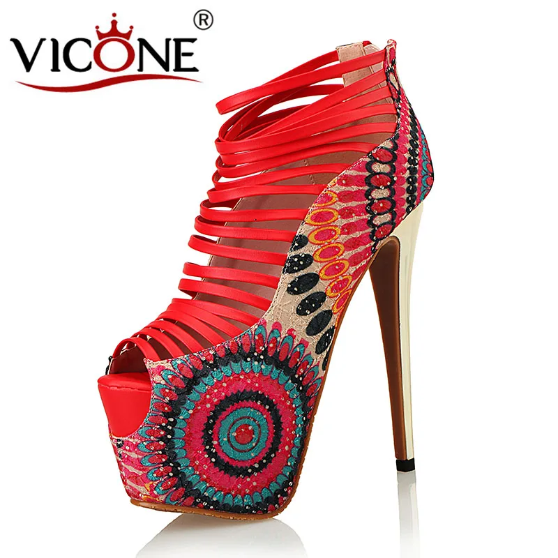 

VICONE Women Summer Party Peep Toe Platform Narrow Band Ethic Totem Fashion Heels V320003