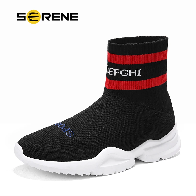 

SERENE Brand Hot Sale Street Style Fashion High Socks Shoes Retro Sneakers Breathable Fabric Mesh Black White Slip On Mens Shoe