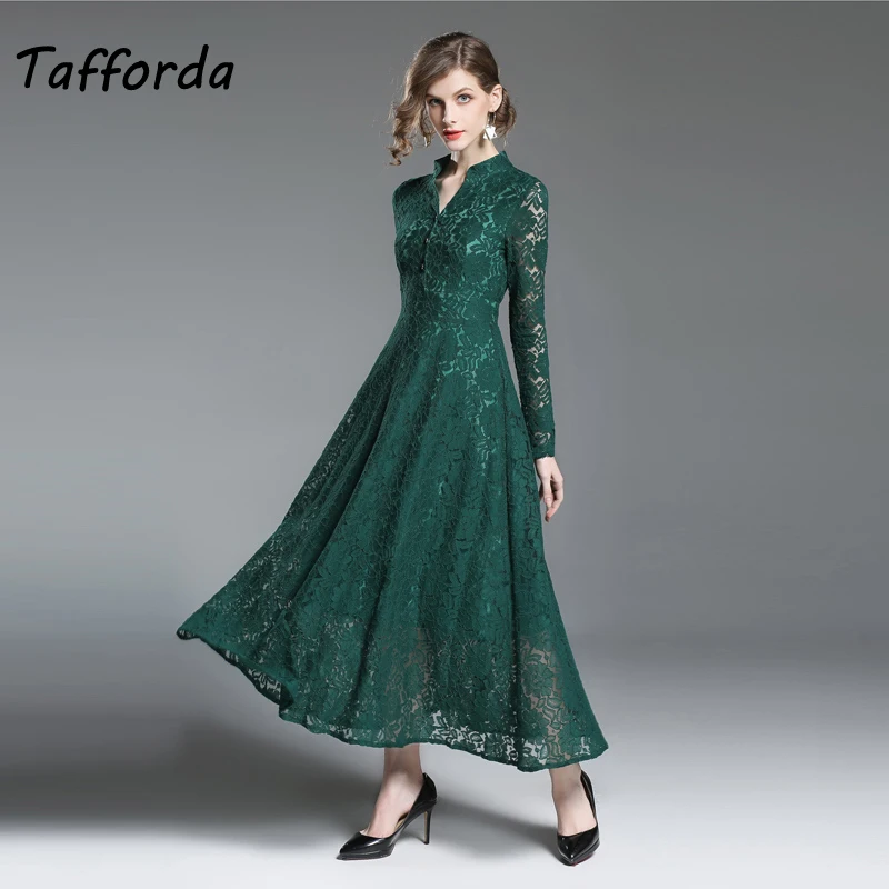

Tafforda 2018 New Women Autumn Fashion European and American Style Lace Dress Slim Elegant Small V-Neck Long Sleeve Female Dress
