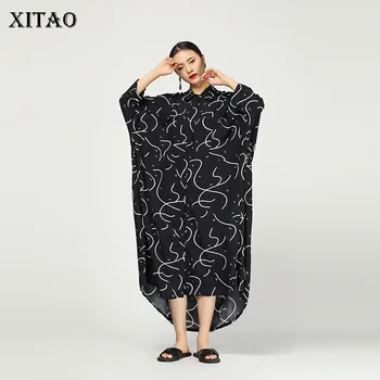 

[XITAO] Original Independent Design New Women Fashion Turn-down Collar Wrist Sleeve Irregular Print Mid-calf Dress DLL2757