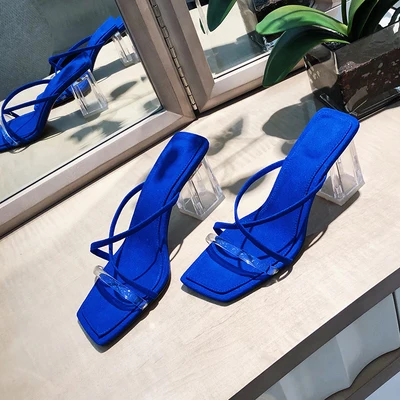 Обувь на высоком каблуке с прозрачным синим сапфиром; женские сандалии; шлепанцы с открытым носком; женская обувь без застежки; коллекция года; летняя модная обувь - Цвет: Синий