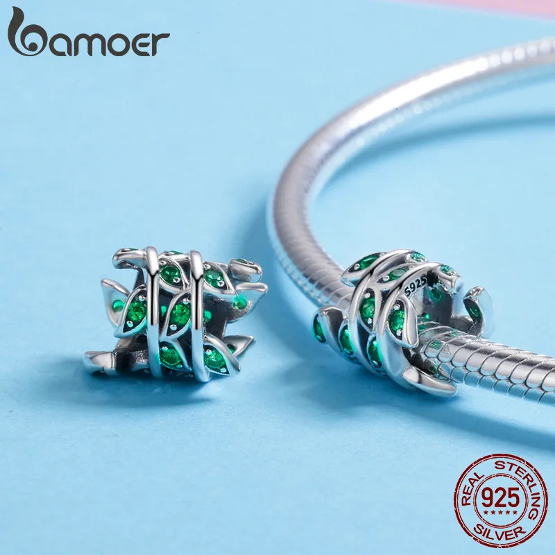 BAMOER 925 пробы серебряное дерево жизни зеленые листья дерева Бисер Подходит для женщин браслет и ожерелья DIY Изготовление ювелирных изделий SCC567