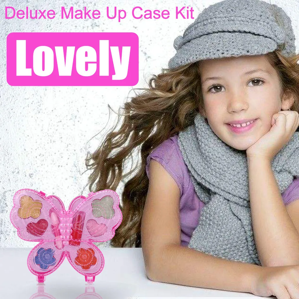 

2019 Portable Butterfly Princess Girl's Washable Makeup Toy NON TOXIC Deluxe Makeup Set Lipstick And Eye Shadow For Kids GIFT