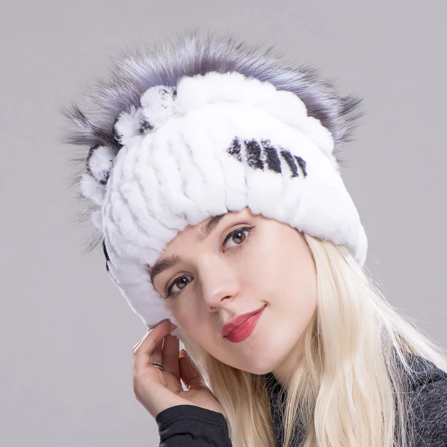FXFURS зимняя шапка из меха кролика рекс с мехом серебристой лисы с цветами Топ вязаные шапочки модные женские повседневные натуральный мех теплая шапка