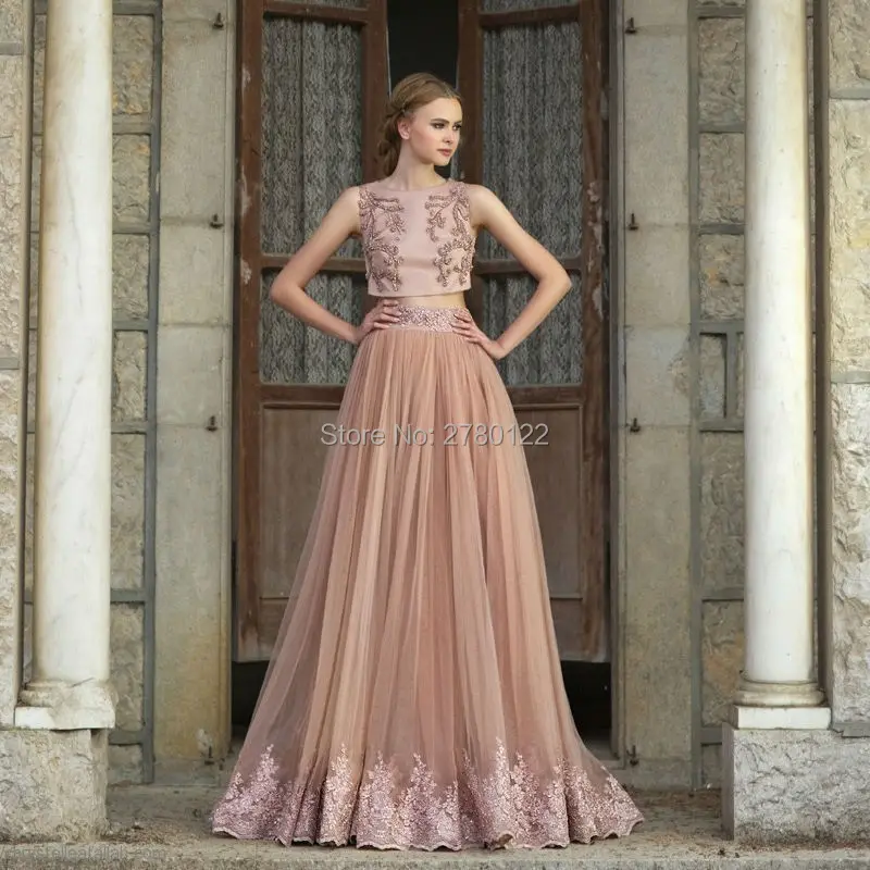 2017-Champagne-Two-Pieces-A-line-Evening-Dresses-With-Sequins-Beading-Tulle-Prom-Dress-Graduation-Dress