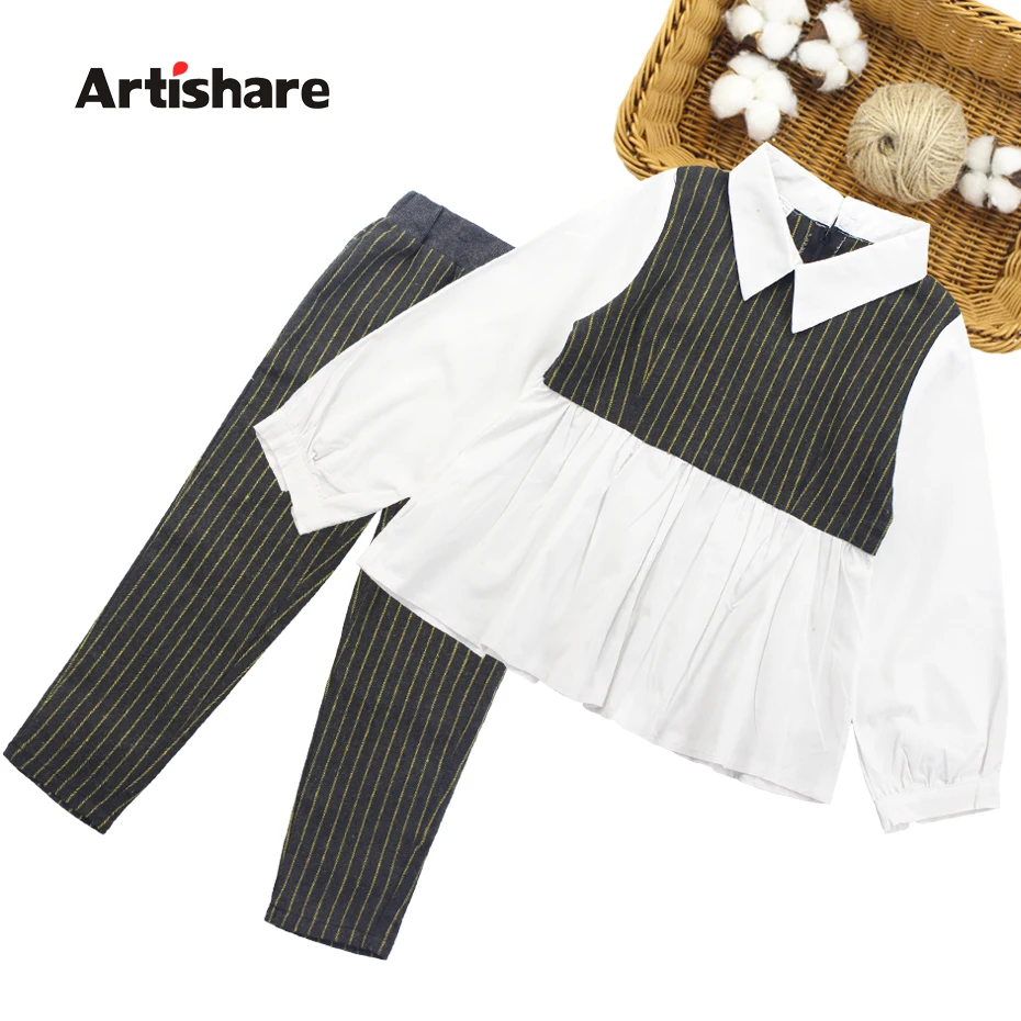 

Girls Clothes Patchwork Blouse Girl School Clothing Set Shirt + Striped Pants 2PCS Children's Clothing Set 6 8 10 12 13 14 Year
