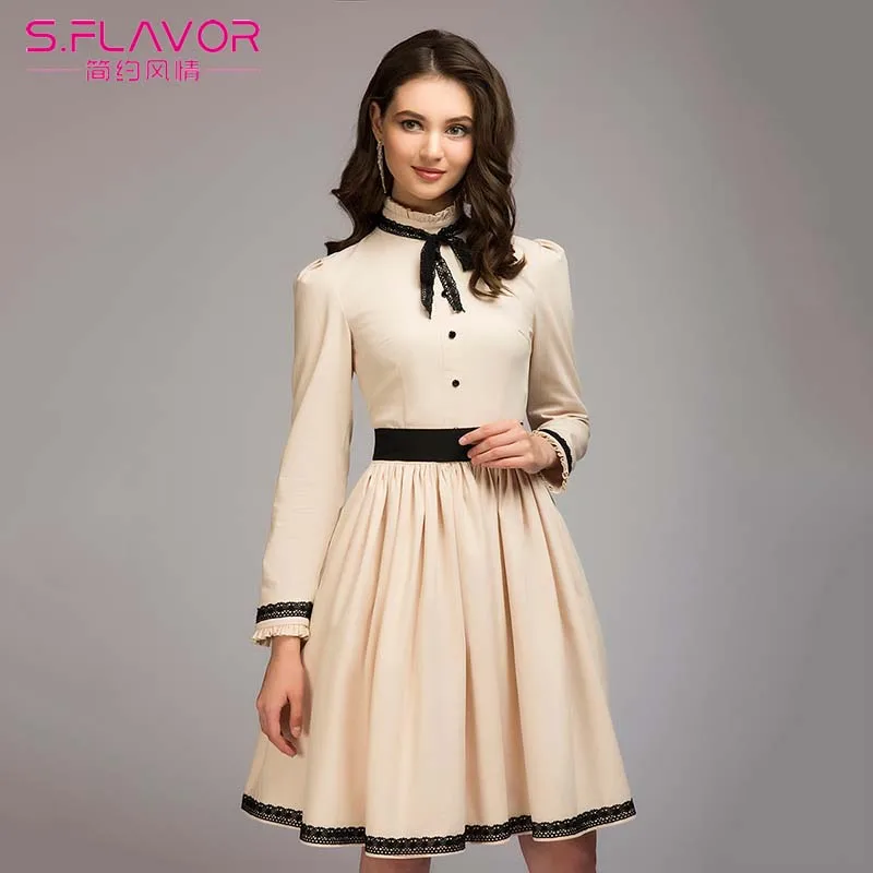 

S.FLAVOR Spring Summer New Arrival Dress Women Lace Patchwork Long Sleeve A Line Dress Female Party Dresses Vintage Vestidos