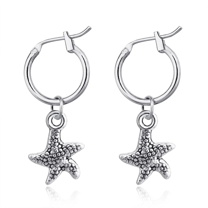 

1pair Cute Starfish Small Pendant Hoop Earrings For Women Girl Chic Silver Color Star Earrings Fashion Ear Hoop Jewelry E612