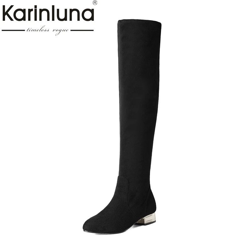 KarinLuna Новинка брендовые женские высокие сапоги Обувь без застежки на низком