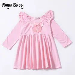 AmyaBaby/весеннее платье для малышей, однотонные платья с бантом и длинными рукавами для девочек, костюм принцессы, платье для маленьких