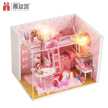 

Cartoon Pink Girl Room DIY Dollhouse Educational 3D Wooden Doll House LED+Furniture+Cover For Children Lover Gift Birthday Toys