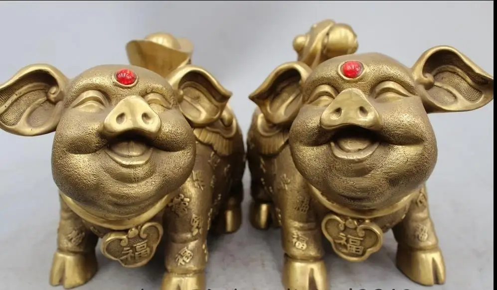 

6436<<++7" Chinese Brass FengShui Animal YuanBao RuYi Coin Happy Fu Pig Statue Pair