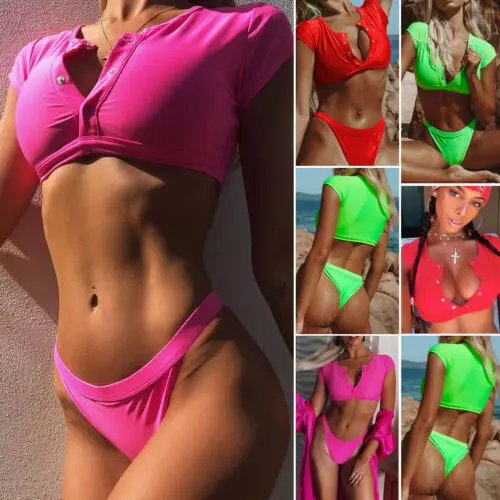 

Women Padded Push-up Bikini Bra Set HIgh Waist Solid Color Button up Sexy Swimsuit Bathing Suit Swimwear Beachwear