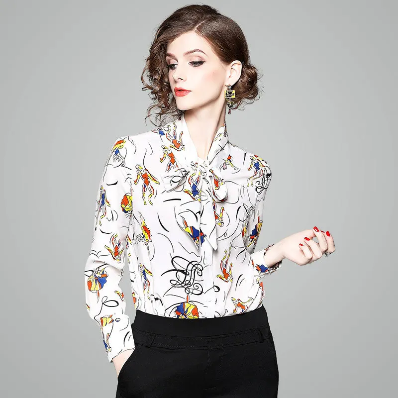 2018 Spring New White Chiffon Print Shirt Women Elegant