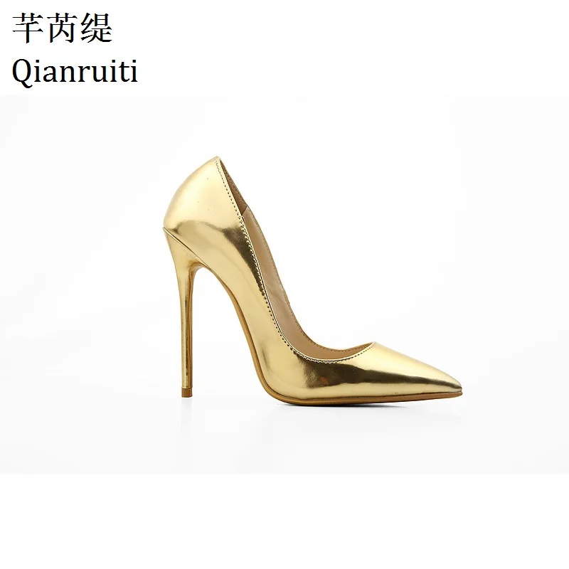 

Qianruiti Nude Gold Pink Patent Leather Women Pumps Sexy Pointed Toe High Heels Shoes 12CM Stilettos Heels Women Wedding Shoes