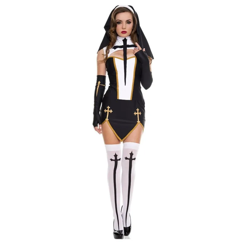 Virgin Mary Sexy Nun Costume Adult Women Cosplay Dress With Black Hood For Halloween Sister Cosplay Party Costume Nun Outfits