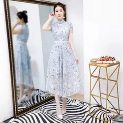 Новый стиль Китайская традиционная Для женщин шифоновое платье Винтаж Кнопка Qipao Новинка пикантные с цветочным принтом короткие Cheongsam