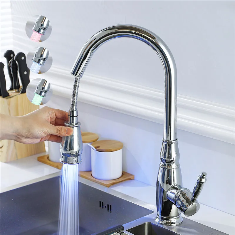 

LED Pull Out Kitchen Faucet 360 Degree Rotation Chrome Brass Tap Water Faucets Solid Brass Sink Tap Water Mixer Led Sink Faucet