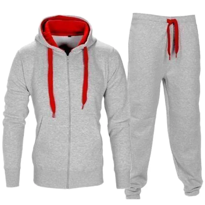 Однотонные мужские спортивные костюмы, осенняя толстовка с капюшоном, комплект из двух предметов, зимний теплый спортивный костюм, Мужская толстовка на молнии с капюшоном, куртка+ штаны, мужские - Цвет: EL025 Gray red