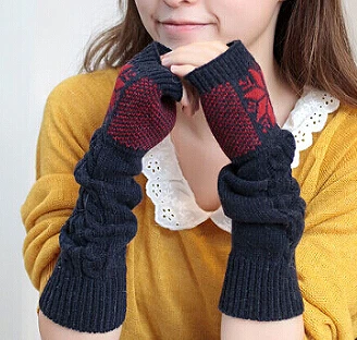 Модные женские шерстяные вязаные перчатки со снежинками пушистые теплые зимние перчатки без пальцев - Цвет: Navy