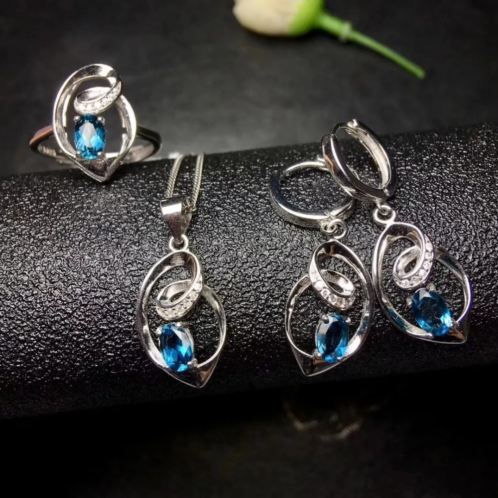 

Natural blue topaz gem ring pendant earrings Natural Gemstone Jewelry Set S925 Silver Water drop surround Women party jewelry