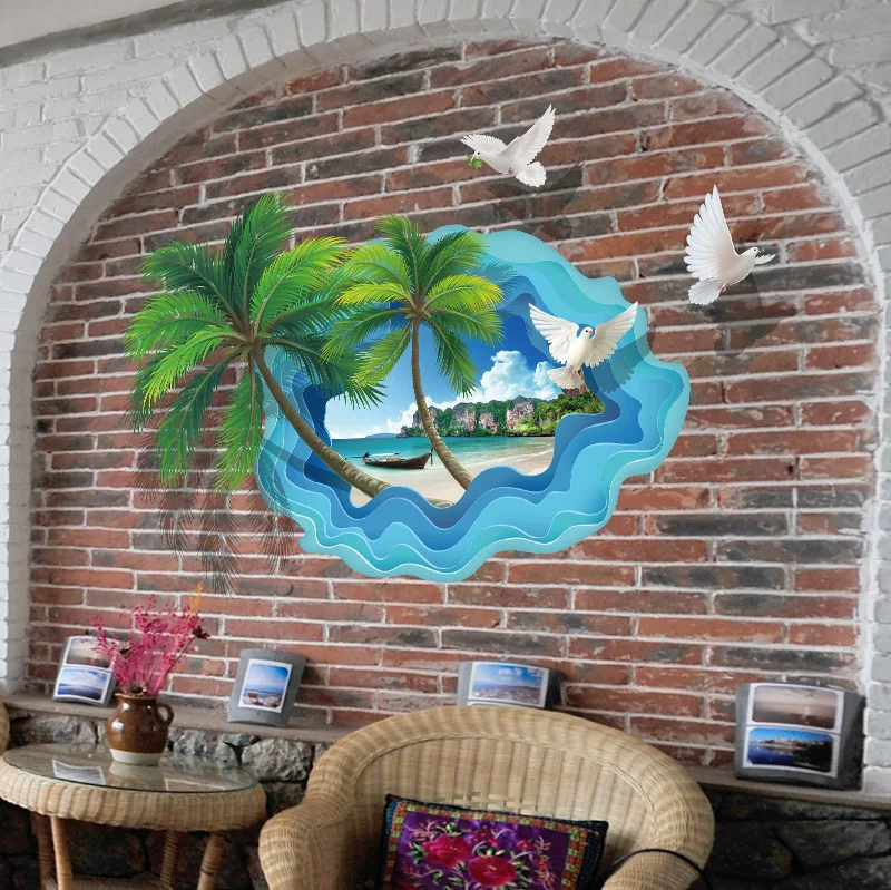 3D scenery broken wall stickers blue sea coastal beach coconut tree