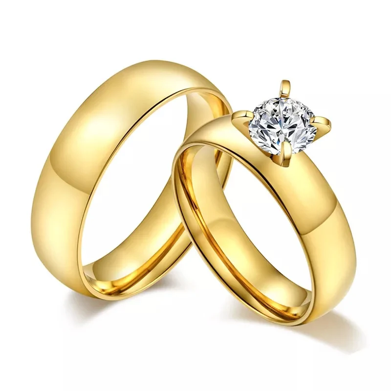 Gold ring set Letdiffery Блестящий большой кристалл свадебные кольца для пар 6 мм золото нержавеющая сталь влюбленных женщин обручальные ювелирные изделия - Цвет основного камня: Gold ring set