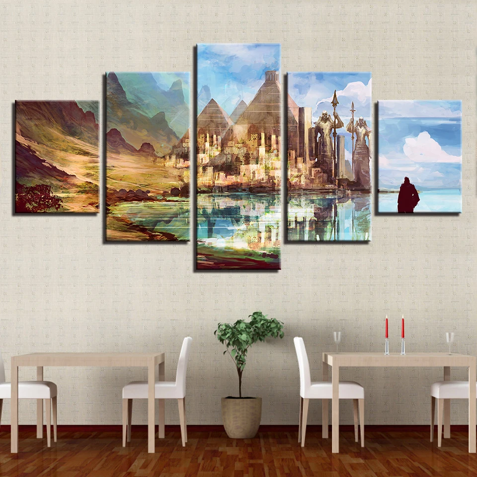 

Canvas Pictures Modular Wall Art 5 Pieces Mountain Retro Building And Statue Landscape Paintings Poster HD Printed Bedroom Decor