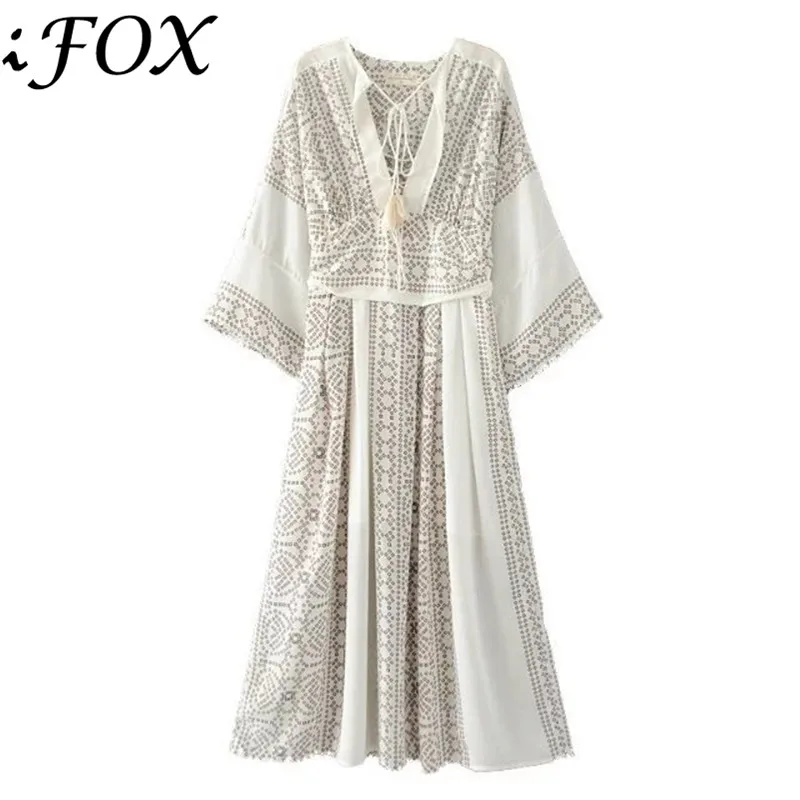 

2019 Summer Women Sexy Deep V-neck Chic Geometry Printing Chiffon Dress Ladies Flare Sleeve Loose Bohemian Vintage Dress