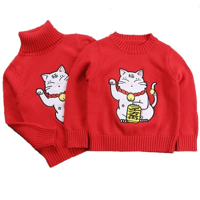

Autumn Winter Family Matching Thicken Lucky Cat Sweater Mother Boys Girls Clothes Outfits Long Sleeve Turtleneck Warm Kintwear