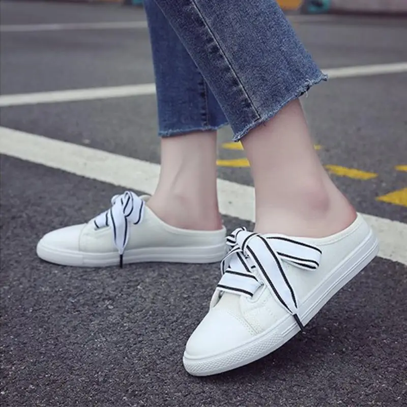 

2019 New Women Casual Autumn Platform Lace Up Sneakers Flats Half Slipper Fashion Canvas Shoes #926