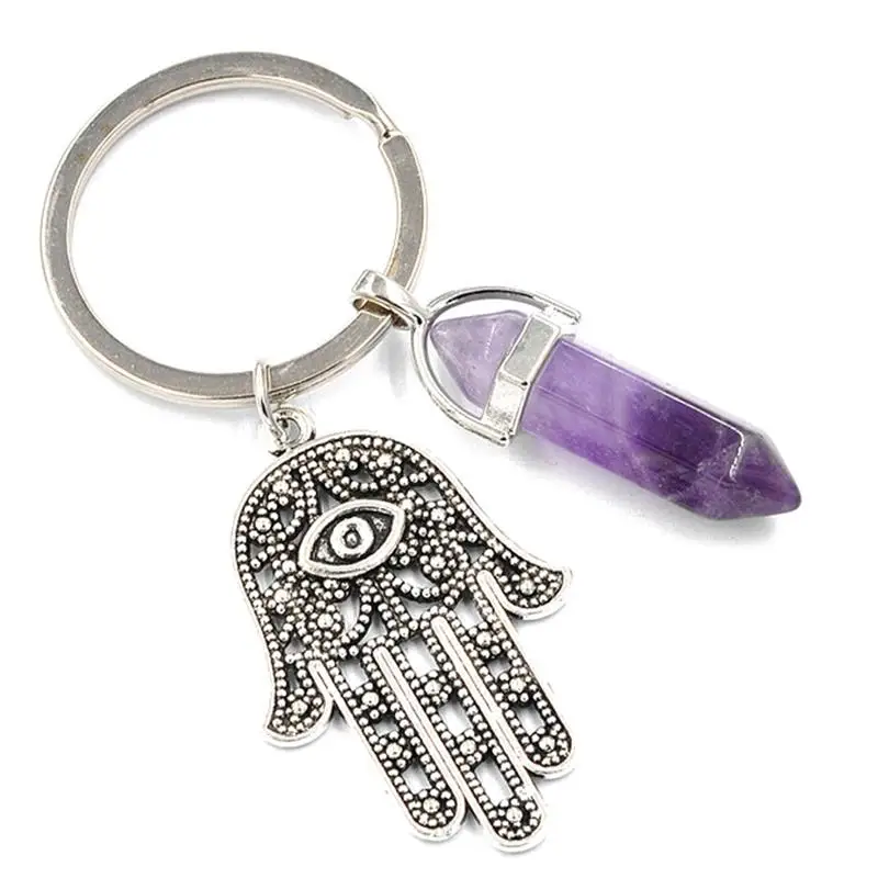 

2018 New Fashion Natural Stone Antique Symbol Evil Eye Fatima Hand Pendant Keychain Purse Car Key Rings Holder