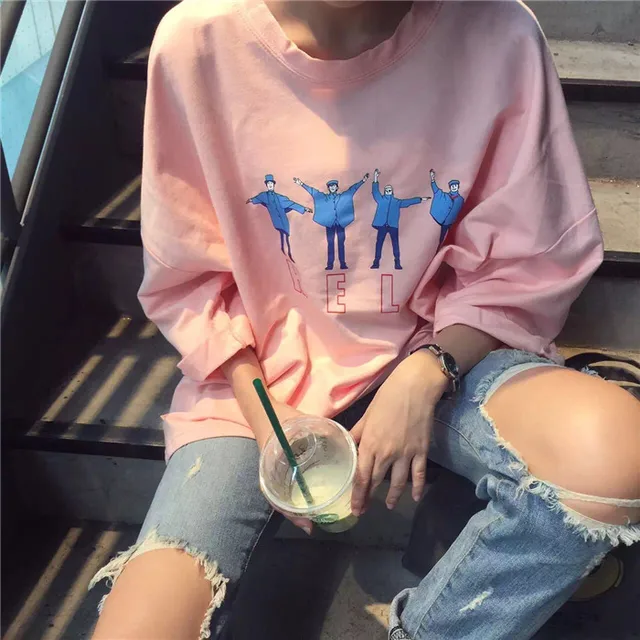 US $6.39 2016 Korean Style Halajuku Letter Printed Casual Loose Female Tee